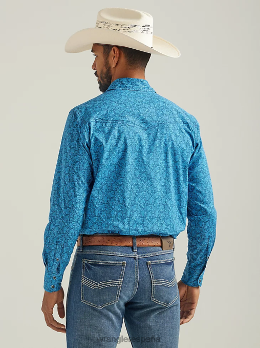Wrangler ropa azul (112324831) hombres Camisa azul de manga larga con estampado de broche occidental y comodidad avanzada de competición 20x BDR0J485