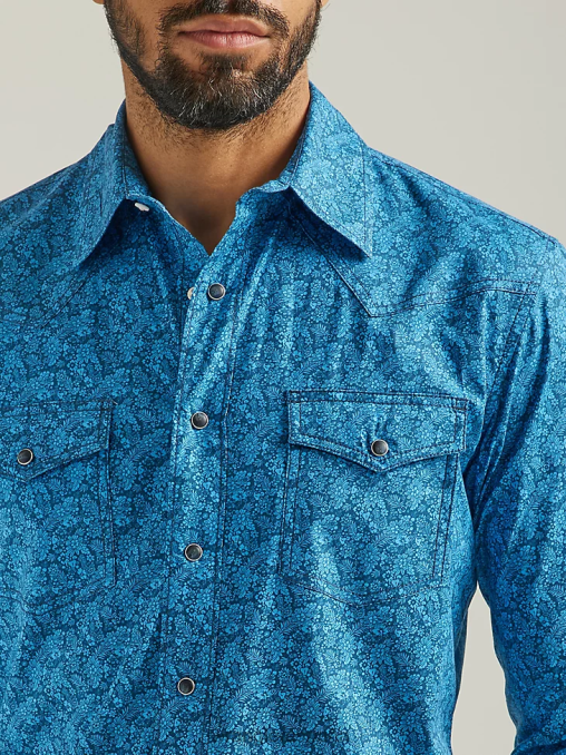 Wrangler ropa azul (112324831) hombres Camisa azul de manga larga con estampado de broche occidental y comodidad avanzada de competición 20x BDR0J485