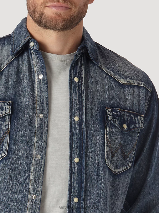 Wrangler ropa azul antiguo (ms1039w) hombres Camisa de trabajo de mezclilla occidental de manga larga con corte vaquero BDR0J408