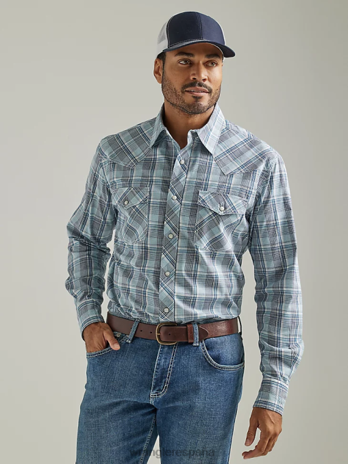 Wrangler ropa azul marino marino (112327800) hombres Camisa a cuadros con botones a presión estilo occidental, manga larga, dos bolsillos, comodidad avanzada, 20x Competition BDR0J495