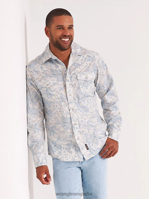 Wrangler ropa azul toile (112327790) hombres camisa retro premium de manga larga con estampado de botones BDR0J426