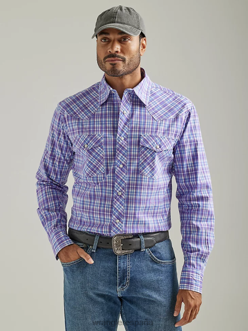 Wrangler ropa cheque uva morada (112327809) hombres Camisa a cuadros con botones a presión estilo occidental, manga larga, dos bolsillos, comodidad avanzada, 20x Competition BDR0J496
