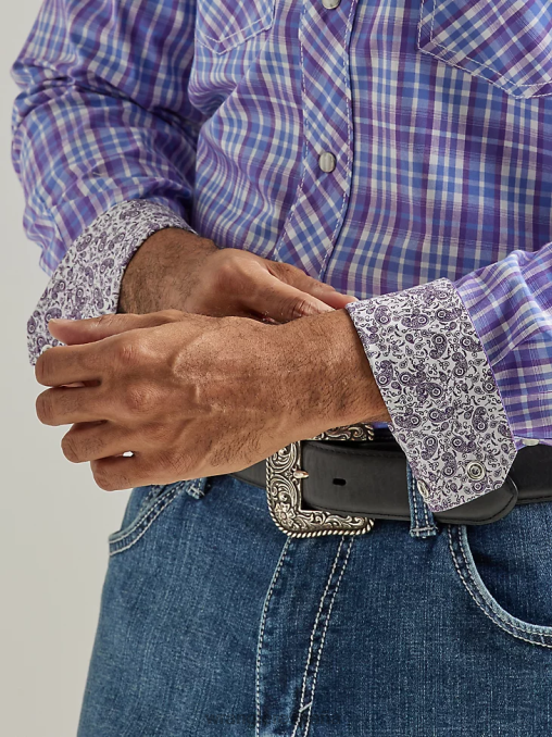 Wrangler ropa cheque uva morada (112327809) hombres Camisa a cuadros con botones a presión estilo occidental, manga larga, dos bolsillos, comodidad avanzada, 20x Competition BDR0J496