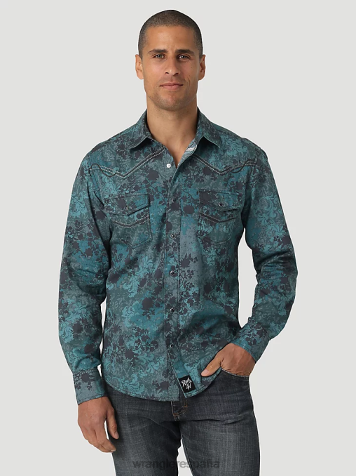 Wrangler ropa cuero crudo (ms71519) hombres camisa de trabajo sólida con broche occidental de manga larga y acabado firme con corte vaquero BDR0J416