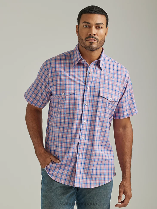 Wrangler ropa fuegos artificiales azules (112326368) hombres camisa a cuadros de manga corta resistente a las arrugas BDR0J446