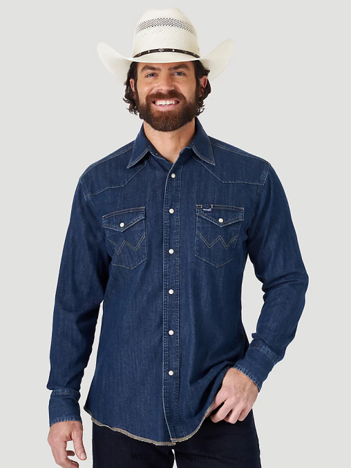 Wrangler ropa mezclilla oscura (ms1041d) hombres Camisa de trabajo de mezclilla occidental de manga larga con corte vaquero BDR0J406
