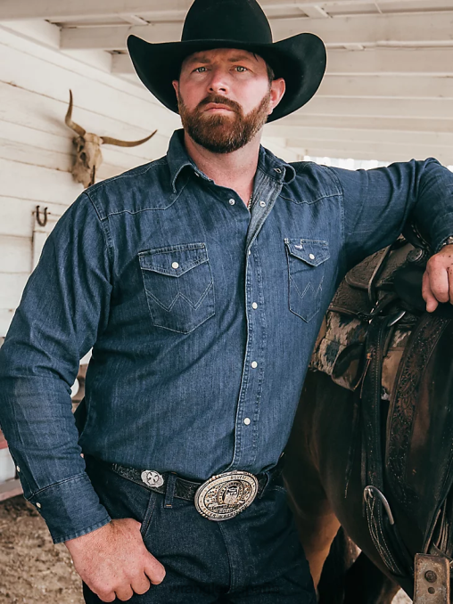 Wrangler ropa mezclilla oscura (ms1041d) hombres Camisa de trabajo de mezclilla occidental de manga larga con corte vaquero BDR0J406