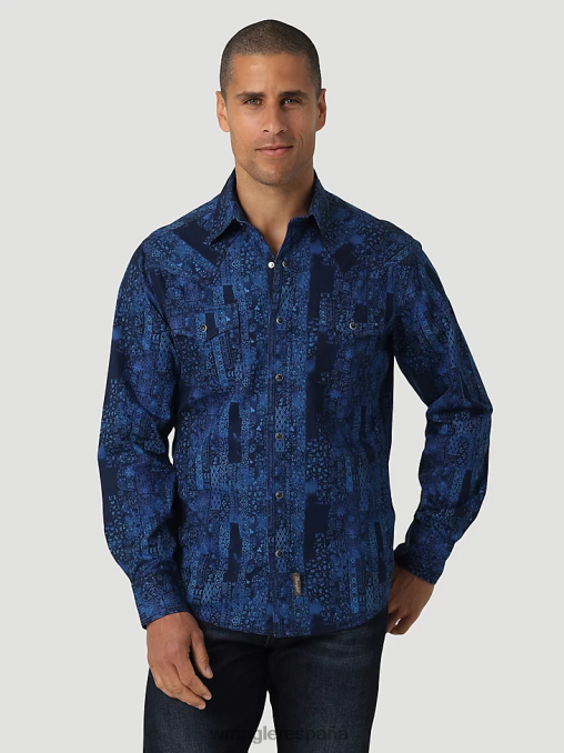 Wrangler ropa pañuelo azul (112327791) hombres camisa retro premium de manga larga con estampado de botones BDR0J427