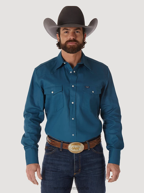 Wrangler ropa verde azulado oscuro (ms71419) hombres camisa de trabajo sólida con broche occidental de manga larga y acabado firme con corte vaquero BDR0J421
