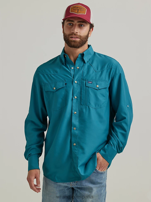 Wrangler ropa verde azulado profundo (112326173) hombres Camisa lisa de manga larga con broche de rendimiento BDR0J433
