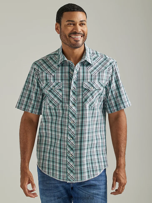 Wrangler ropa verde mar (112326468) hombres Camisa a cuadros con broche occidental de manga corta a presión a la moda BDR0J461