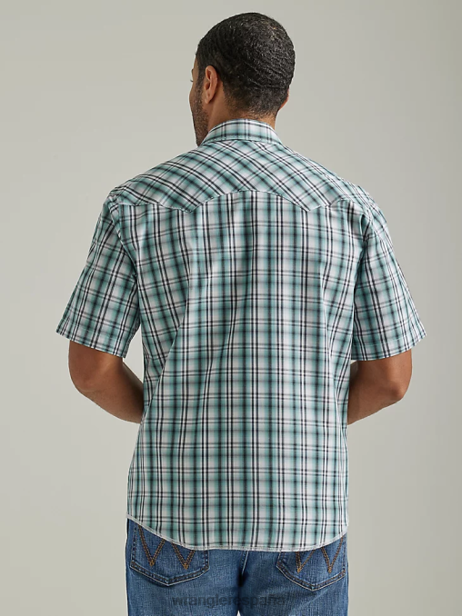 Wrangler ropa verde mar (112326468) hombres Camisa a cuadros con broche occidental de manga corta a presión a la moda BDR0J461