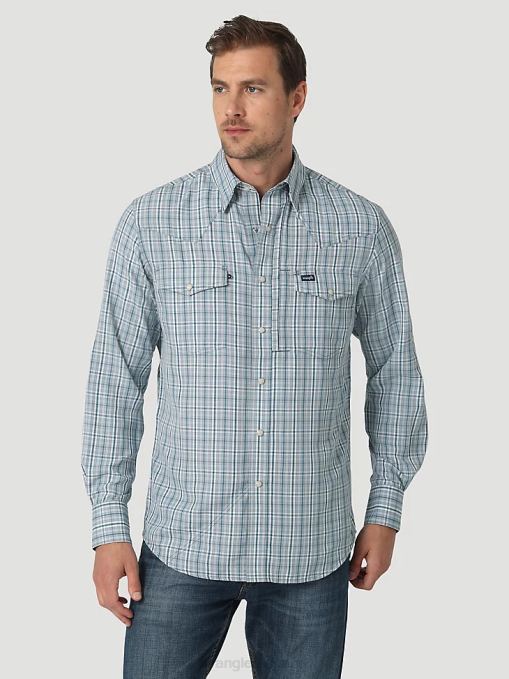 ropa cuadros verde azulado (112326180) hombres Wrangler camisa a cuadros de manga larga con broche de rendimiento BDR0J434